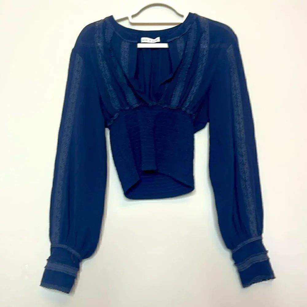 Free the Roses Navy Smocked waist blouse top